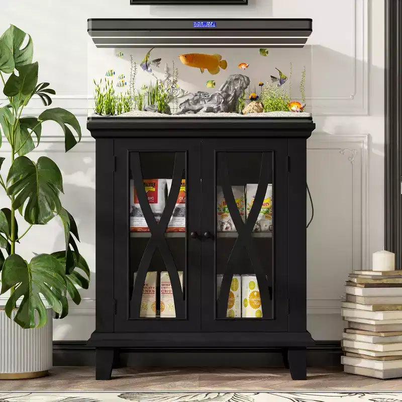 Meuble d'aquarium en bois GDFStudio Fanny Farmhouse avec prises électriques et étagères réglables