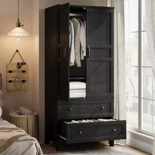 Armoire Wardrobe Closet with 2 Drawers,72 Wooden Tall Clothing Wardrobe Cabinet with Hanging Rod, Armoire with Doors Adjustable Shelves for Bedroom