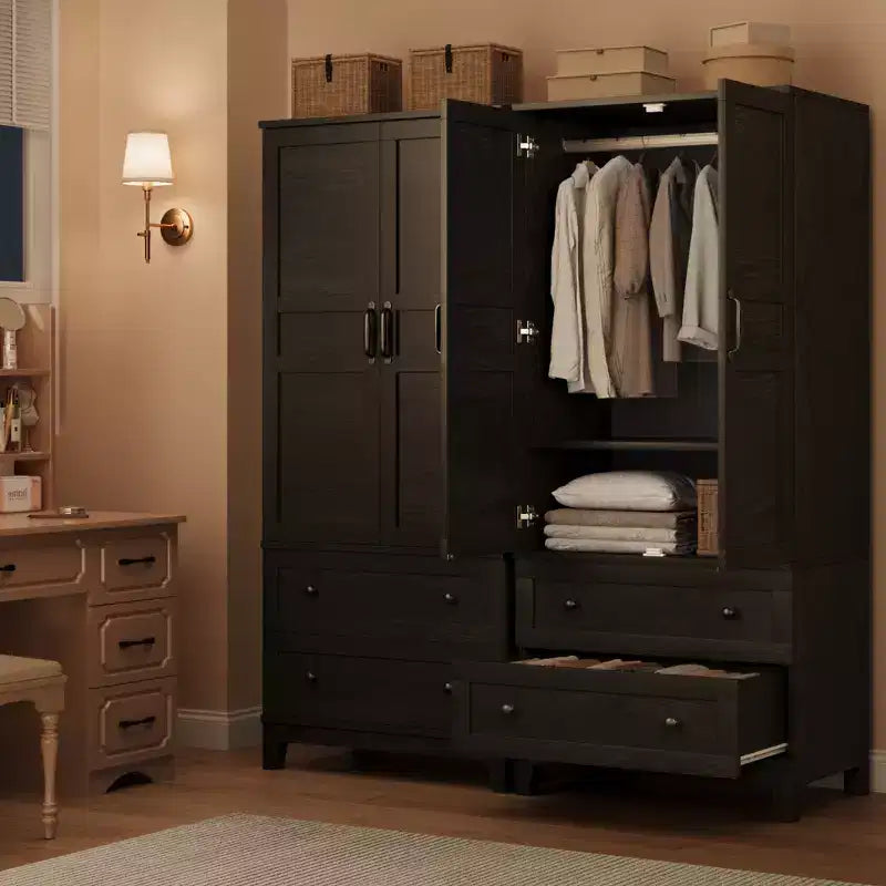 Armoire de rangement avec 2 tiroirs, grande armoire à vêtements de 183 cm de hauteur avec tringle à suspendre, armoire avec portes et étagères réglables pour chambre à coucher