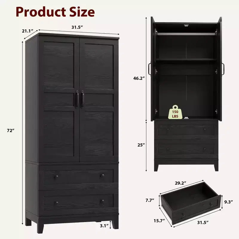 Armoire de rangement avec 2 tiroirs, grande armoire à vêtements de 183 cm de hauteur avec tringle à suspendre, armoire avec portes et étagères réglables pour chambre à coucher