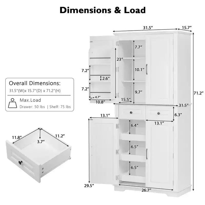 sumyeg Armoire de cuisine/garde-manger de 180 cm avec 3 organiseurs coulissants, 2 tiroirs, 6 étagères de porte, design rustique en relief