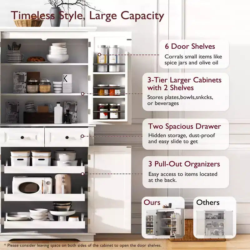 sumyeg Armoire de cuisine/garde-manger de 180 cm avec 3 organiseurs coulissants, 2 tiroirs, 6 étagères de porte, design rustique en relief