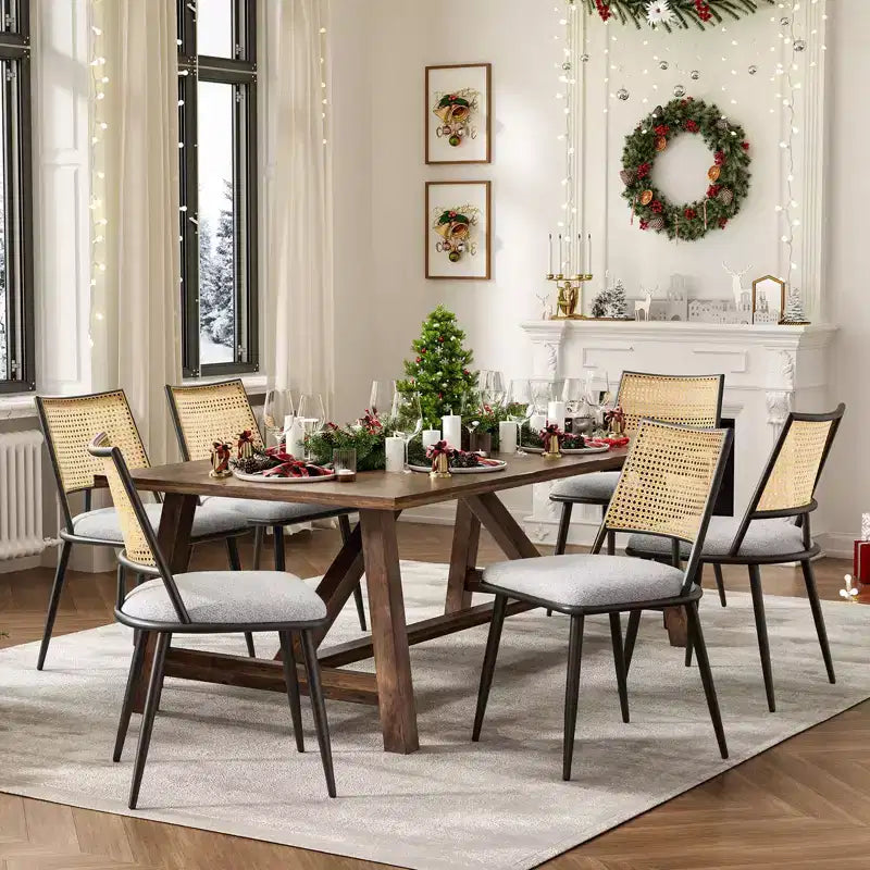Okak Lot de 2 chaises de salle à manger du milieu du siècle, chaises de salle à manger en rotin avec cadre en métal, chaises de salle à manger en bouclette pour salle à manger, cuisine