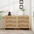 JVNOXK 51.18-inch Solid Wood Curved Corner Rattan Cabinet 6 Deep Drawers Storage Unit Suitable for Living Room or Bedroom Natural Finish