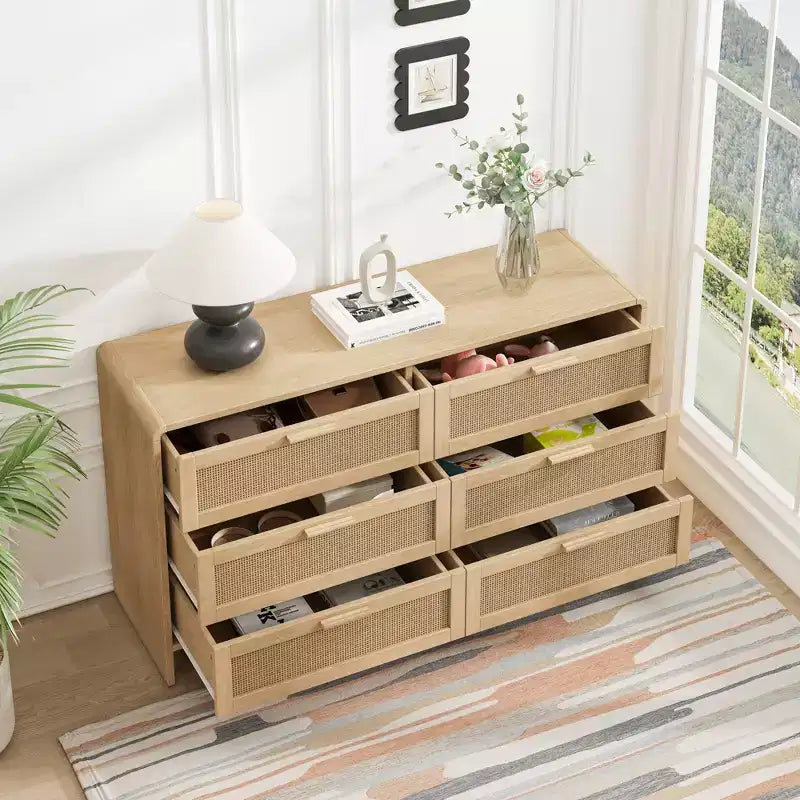 JVNOXK Meuble d'angle incurvé en bois massif et rotin 51,18 pouces, 6 tiroirs profonds, unité de rangement adaptée au salon ou à la chambre, finition naturelle
