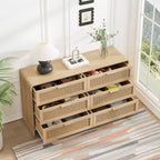 JVNOXK Meuble d'angle incurvé en bois massif et rotin 51,18 pouces, 6 tiroirs profonds, unité de rangement adaptée au salon ou à la chambre, finition naturelle