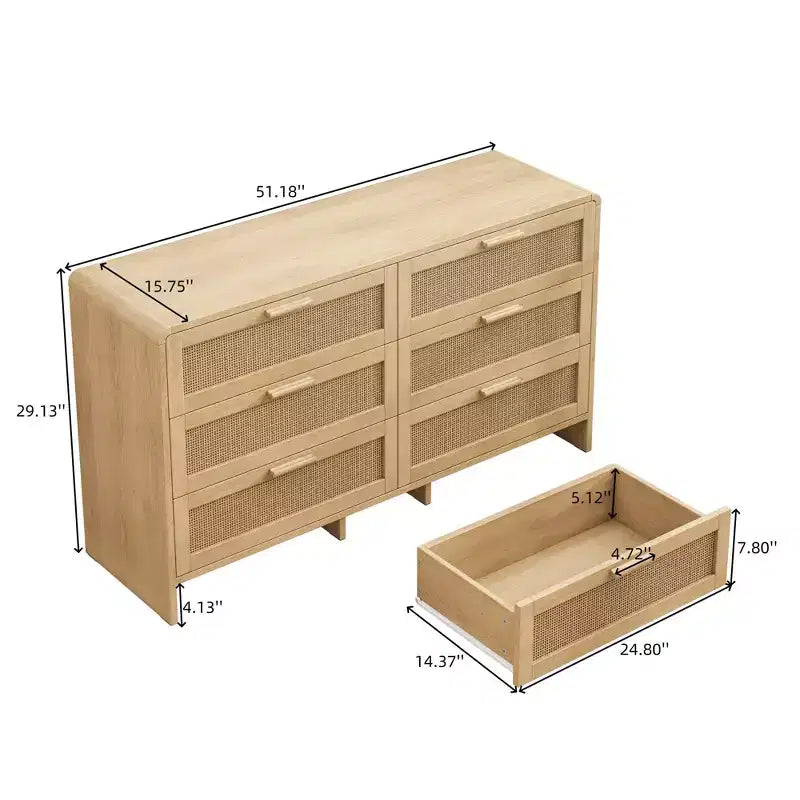 JVNOXK Meuble d'angle incurvé en bois massif et rotin 51,18 pouces, 6 tiroirs profonds, unité de rangement adaptée au salon ou à la chambre, finition naturelle