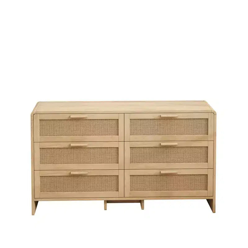 JVNOXK Meuble d'angle incurvé en bois massif et rotin 51,18 pouces, 6 tiroirs profonds, unité de rangement adaptée au salon ou à la chambre, finition naturelle