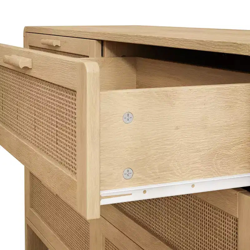 JVNOXK Meuble d'angle incurvé en bois massif et rotin 51,18 pouces, 6 tiroirs profonds, unité de rangement adaptée au salon ou à la chambre, finition naturelle