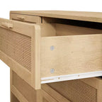 JVNOXK Meuble d'angle incurvé en bois massif et rotin 51,18 pouces, 6 tiroirs profonds, unité de rangement adaptée au salon ou à la chambre, finition naturelle