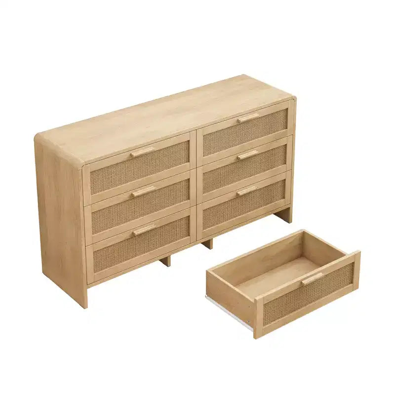 JVNOXK Meuble d'angle incurvé en bois massif et rotin 51,18 pouces, 6 tiroirs profonds, unité de rangement adaptée au salon ou à la chambre, finition naturelle