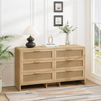 JVNOXK Meuble d'angle incurvé en bois massif et rotin 51,18 pouces, 6 tiroirs profonds, unité de rangement adaptée au salon ou à la chambre, finition naturelle
