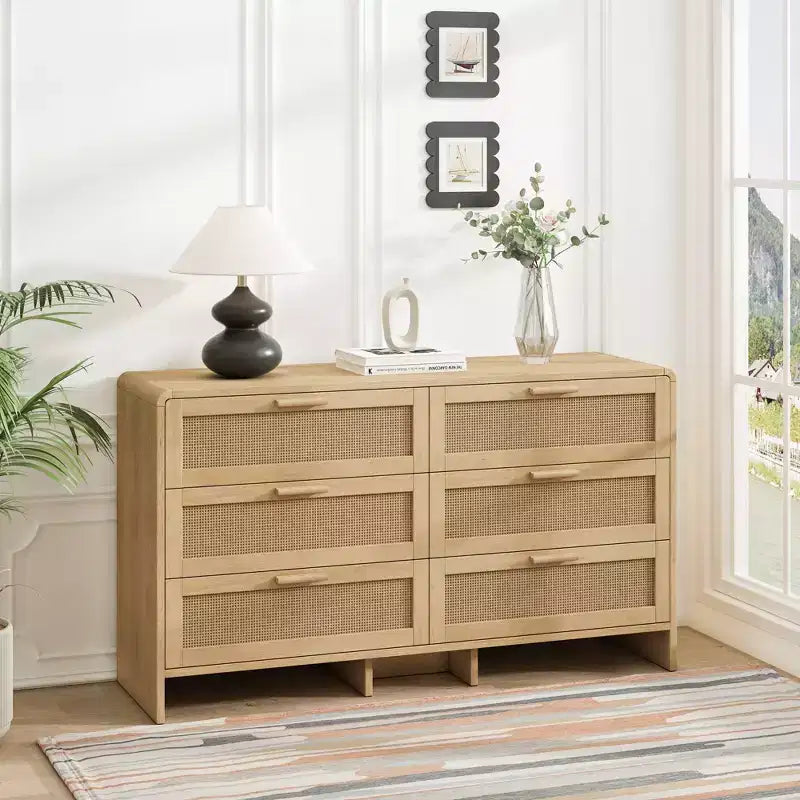JVNOXK Meuble d'angle incurvé en bois massif et rotin 51,18 pouces, 6 tiroirs profonds, unité de rangement adaptée au salon ou à la chambre, finition naturelle