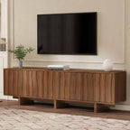 Meuble TV Rétro en Bois Grainé, Portes Ondulées, Convient aux TV Jusqu'à 75 Pouces, Console Média de Style Rustique avec Grand Espace de Rangement, Base Robuste