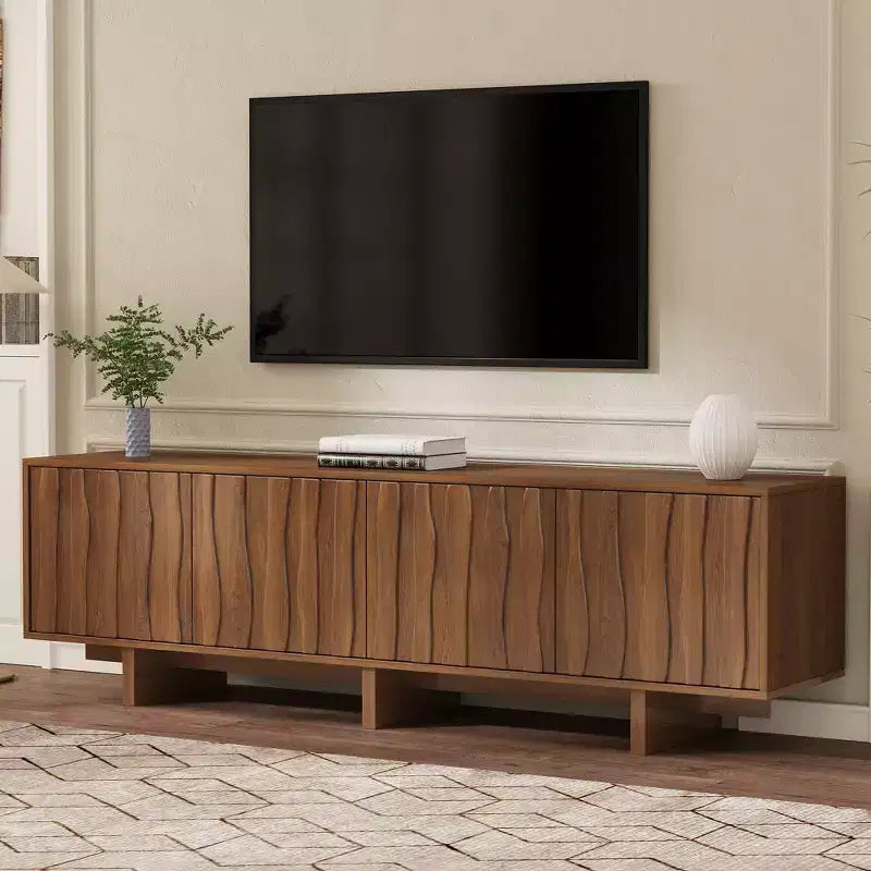 Meuble TV Rétro en Bois Grainé, Portes Ondulées, Convient aux TV Jusqu'à 75 Pouces, Console Média de Style Rustique avec Grand Espace de Rangement, Base Robuste