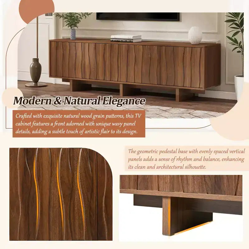 Meuble TV Rétro en Bois Grainé, Portes Ondulées, Convient aux TV Jusqu'à 75 Pouces, Console Média de Style Rustique avec Grand Espace de Rangement, Base Robuste