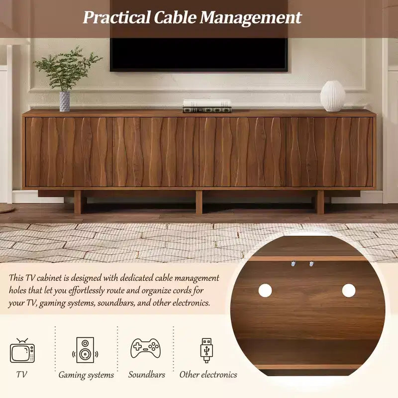 Meuble TV Rétro en Bois Grainé, Portes Ondulées, Convient aux TV Jusqu'à 75 Pouces, Console Média de Style Rustique avec Grand Espace de Rangement, Base Robuste