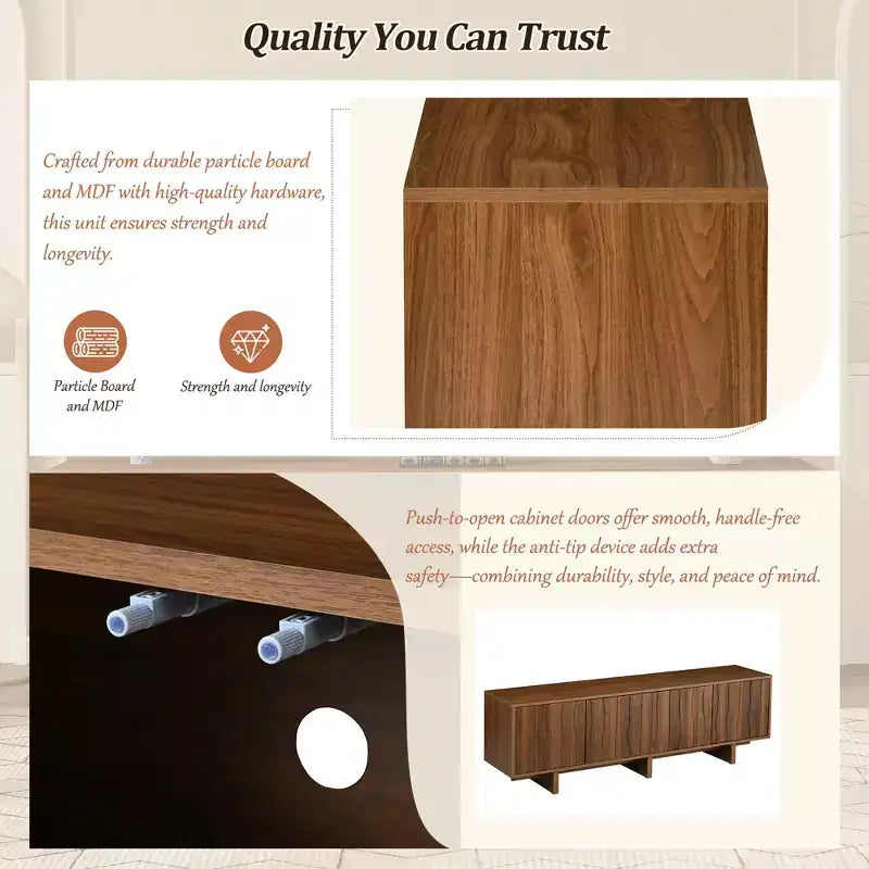 Meuble TV Rétro en Bois Grainé, Portes Ondulées, Convient aux TV Jusqu'à 75 Pouces, Console Média de Style Rustique avec Grand Espace de Rangement, Base Robuste