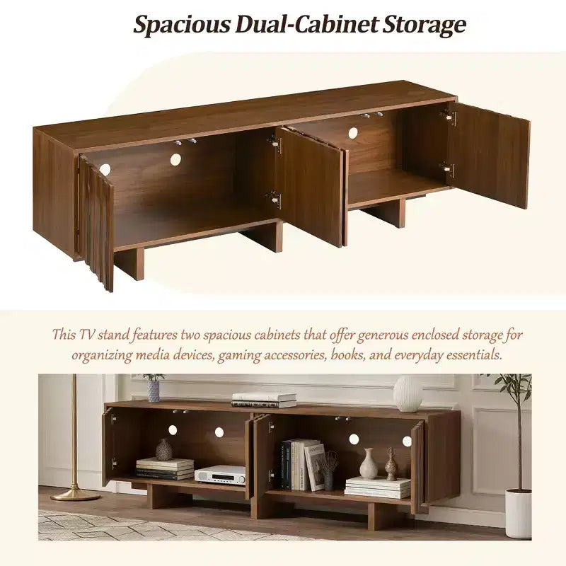 Meuble TV Rétro en Bois Grainé, Portes Ondulées, Convient aux TV Jusqu'à 75 Pouces, Console Média de Style Rustique avec Grand Espace de Rangement, Base Robuste