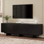 Meuble TV Rétro en Bois Grainé, Portes Ondulées, Convient aux TV Jusqu'à 75 Pouces, Console Média de Style Rustique avec Grand Espace de Rangement, Base Robuste