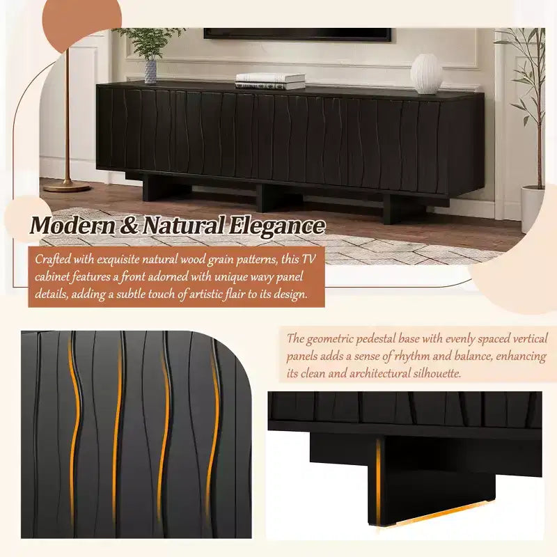 Meuble TV Rétro en Bois Grainé, Portes Ondulées, Convient aux TV Jusqu'à 75 Pouces, Console Média de Style Rustique avec Grand Espace de Rangement, Base Robuste
