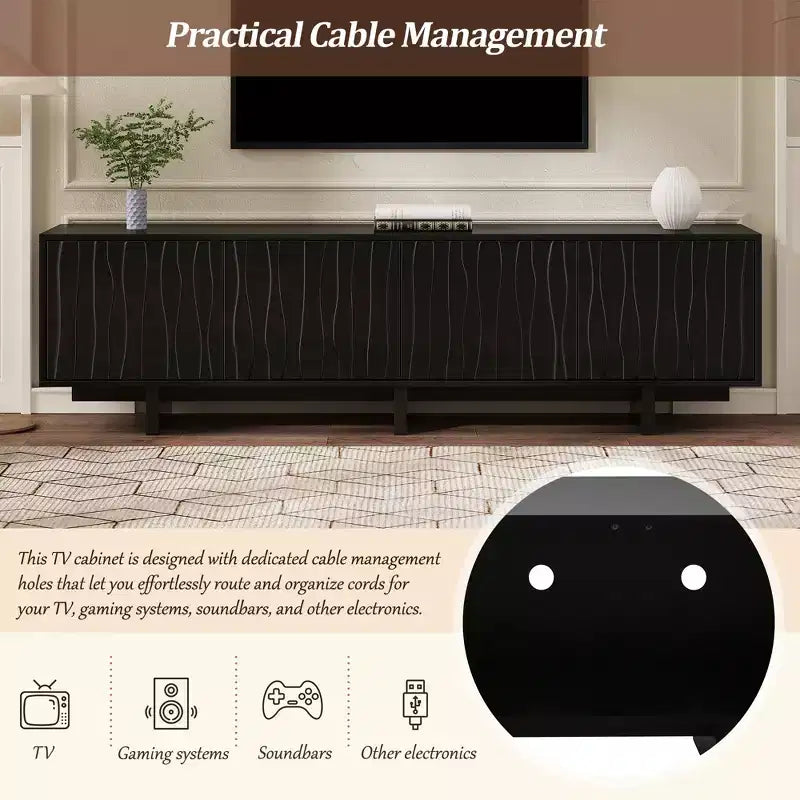 Meuble TV Rétro en Bois Grainé, Portes Ondulées, Convient aux TV Jusqu'à 75 Pouces, Console Média de Style Rustique avec Grand Espace de Rangement, Base Robuste
