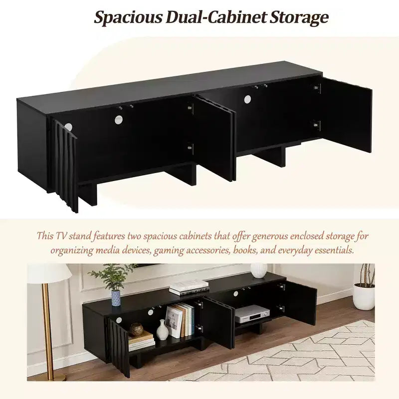 Meuble TV Rétro en Bois Grainé, Portes Ondulées, Convient aux TV Jusqu'à 75 Pouces, Console Média de Style Rustique avec Grand Espace de Rangement, Base Robuste