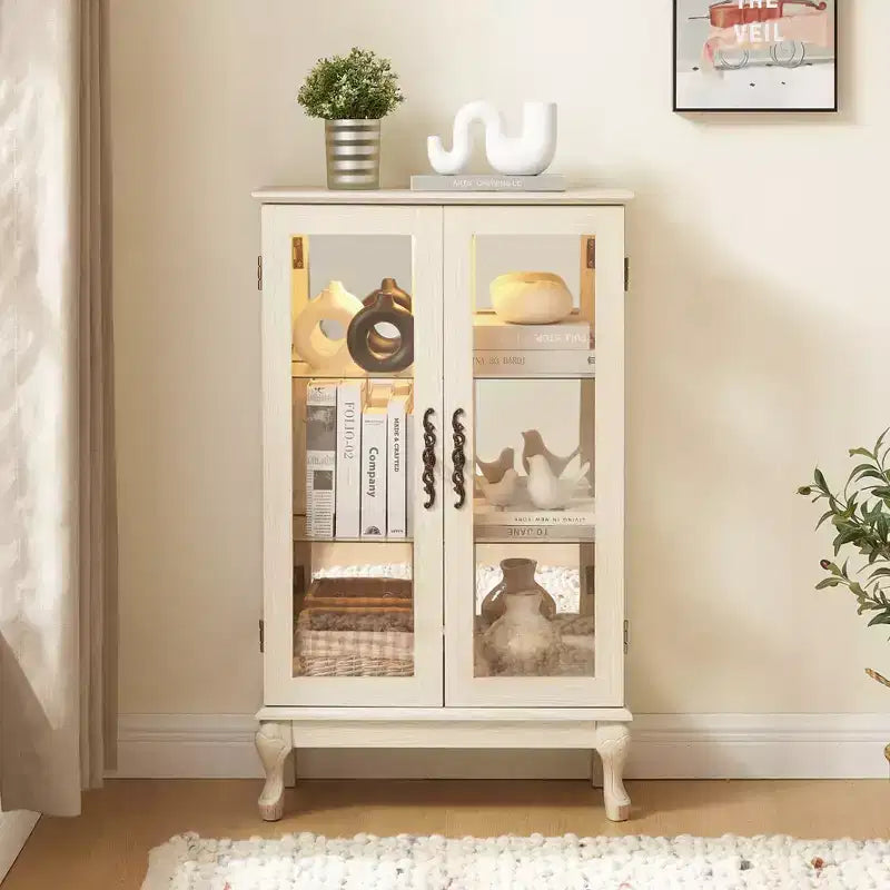 Vitrine illuminée VIYET 44, Présentoir en MDF blanc et verre avec portes en verre trempé et étagères réglables (Fond miroir, Ampoule incluse)