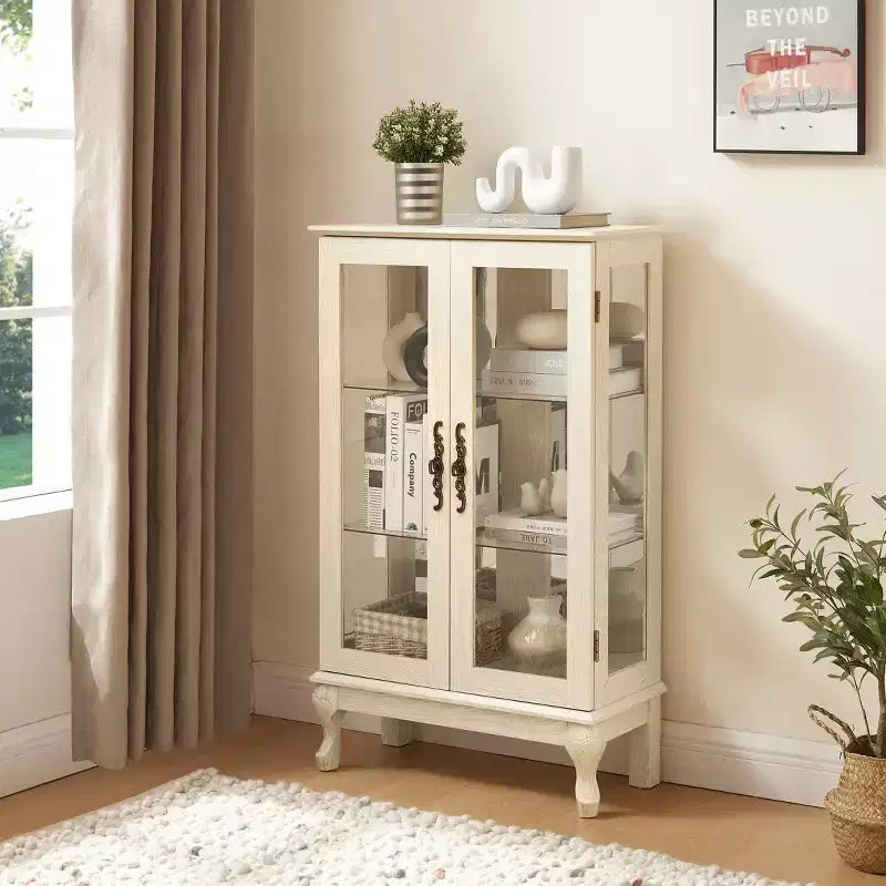 Vitrine illuminée VIYET 44, Présentoir en MDF blanc et verre avec portes en verre trempé et étagères réglables (Fond miroir, Ampoule incluse)