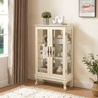 Vitrine illuminée VIYET 44, Présentoir en MDF blanc et verre avec portes en verre trempé et étagères réglables (Fond miroir, Ampoule incluse)