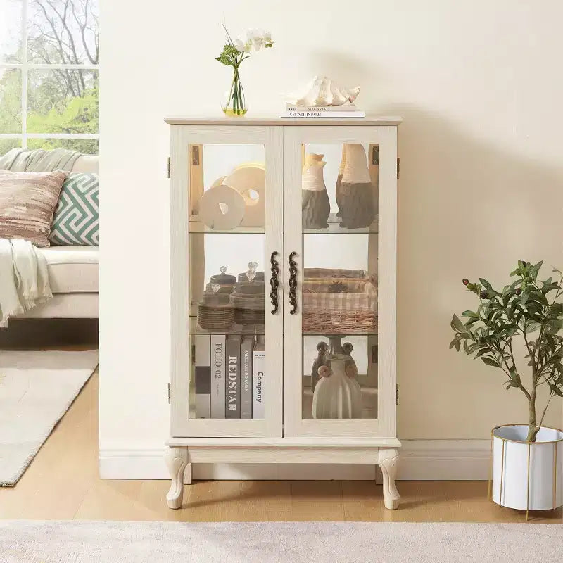 Vitrine illuminée VIYET 44, Présentoir en MDF blanc et verre avec portes en verre trempé et étagères réglables (Fond miroir, Ampoule incluse)