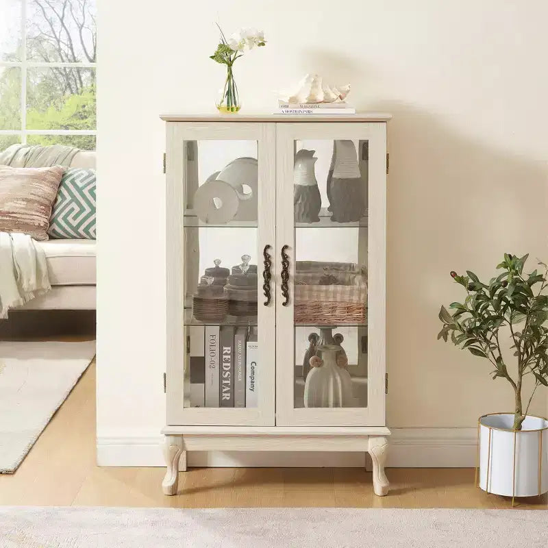 Vitrine illuminée VIYET 44, Présentoir en MDF blanc et verre avec portes en verre trempé et étagères réglables (Fond miroir, Ampoule incluse)