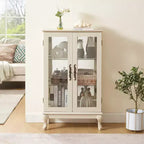 Vitrine illuminée VIYET 44, Présentoir en MDF blanc et verre avec portes en verre trempé et étagères réglables (Fond miroir, Ampoule incluse)