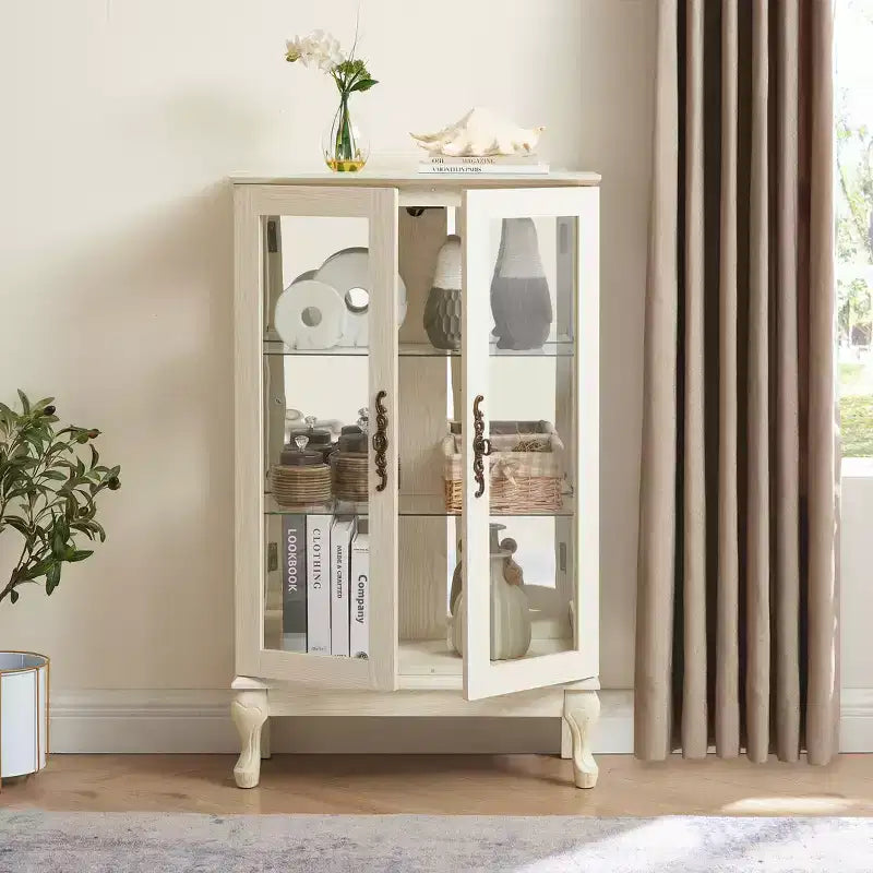 Vitrine illuminée VIYET 44, Présentoir en MDF blanc et verre avec portes en verre trempé et étagères réglables (Fond miroir, Ampoule incluse)