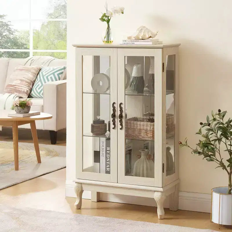 Vitrine illuminée VIYET 44, Présentoir en MDF blanc et verre avec portes en verre trempé et étagères réglables (Fond miroir, Ampoule incluse)