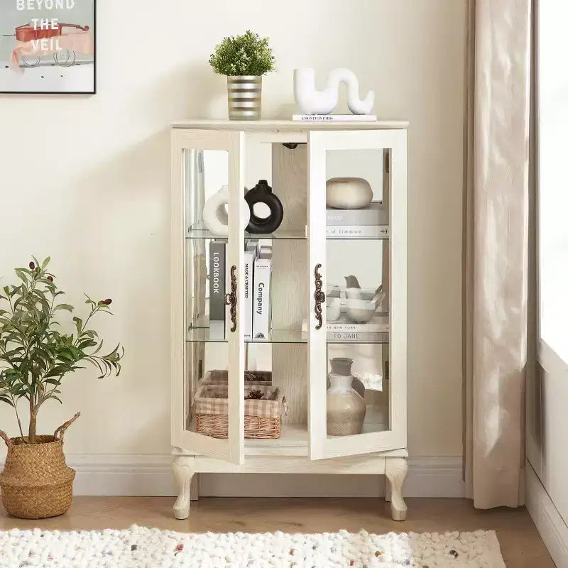 Vitrine illuminée VIYET 44, Présentoir en MDF blanc et verre avec portes en verre trempé et étagères réglables (Fond miroir, Ampoule incluse)