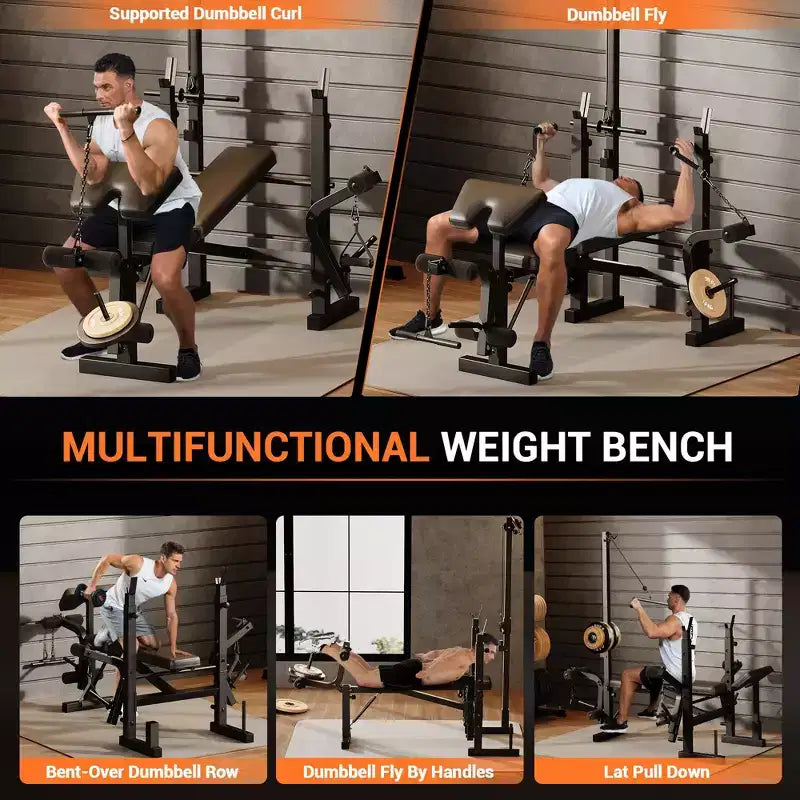 GustoWave Banc de Musculation Réglable, Banc de Développé Couché Multifonction Pliable avec Pupitre à Biceps, Développeur de Jambes et Poulie Haute Latissimus