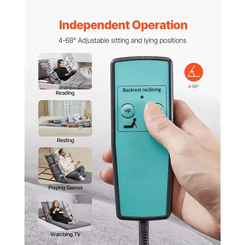Dossier de lit électrique VEVOR, capacité de 136 kg, dossier de lit relevable réglable de 4 à 68°, avec barrière de sécurité pliable et appui-tête, gris