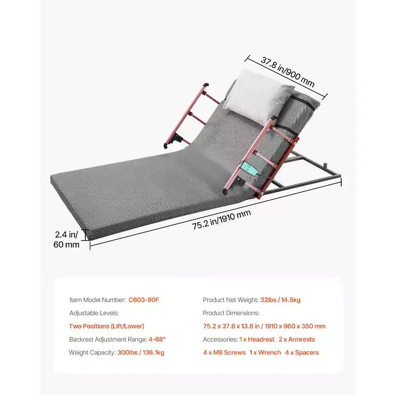 Dossier de lit électrique VEVOR, capacité de 136 kg, dossier de lit relevable réglable de 4 à 68°, avec barrière de sécurité pliable et appui-tête, gris