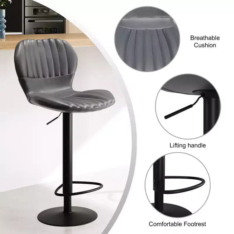 Ensemble moderne de 4 tabourets de bar à hauteur de comptoir avec dossier. Chaises rembourrées en similicuir avec repose-pieds pour cuisine ou salle à manger. Gris