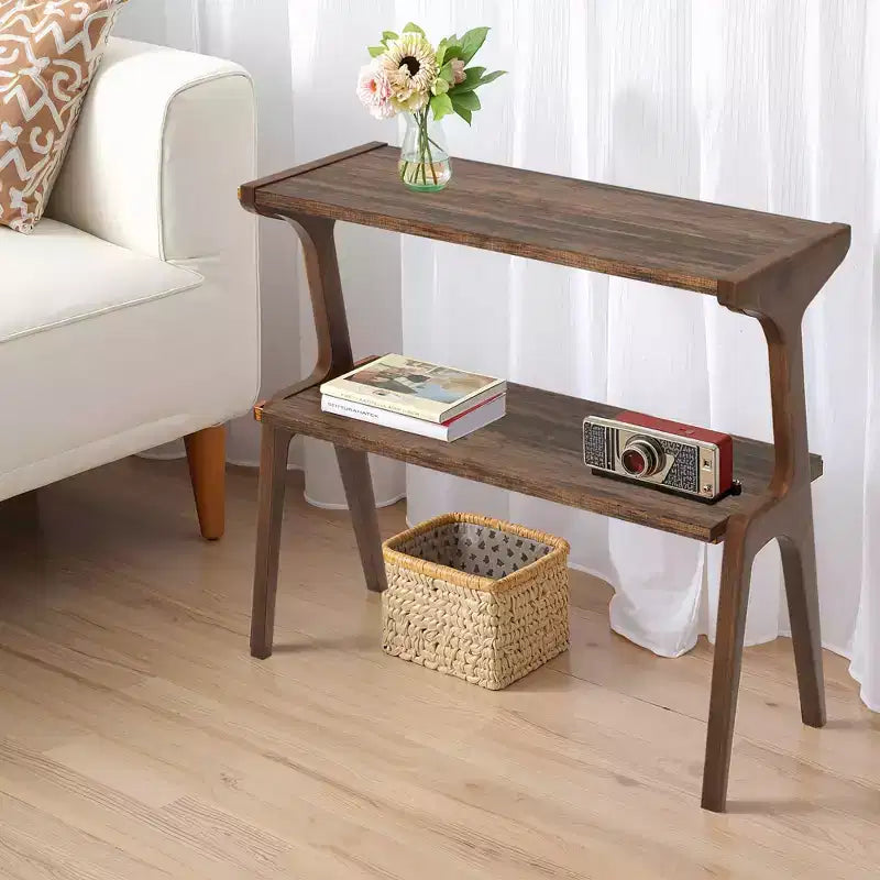 MAYEERTY Table d'appoint en bois massif, table de chevet à 2 niveaux avec étagère de rangement