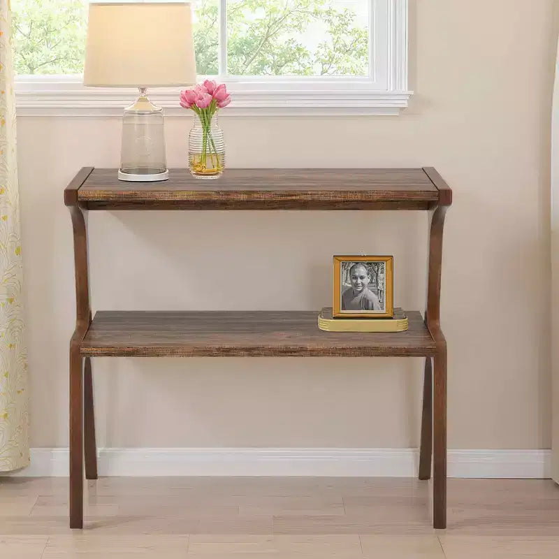 MAYEERTY Table d'appoint en bois massif, table de chevet à 2 niveaux avec étagère de rangement