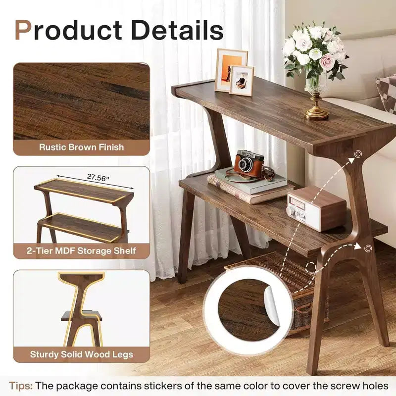 MAYEERTY Table d'appoint en bois massif, table de chevet à 2 niveaux avec étagère de rangement