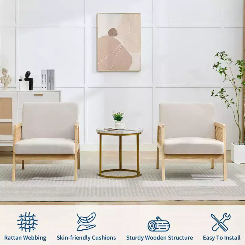 Fauteuil d'appoint moderne CuisinSmart de style Mid-Century avec accoudoirs en rotin, chaise longue rembourrée d'une capacité de 136 kg pour salon, chambre à coucher, coin lecture