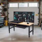 Table de travail de 152 cm pour garage, établi robuste de 900 kg avec panneau perforé et tiroirs, établi réglable en bois d'hévéa avec prises de courant