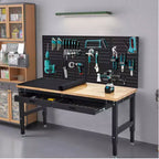 Table de travail de 152 cm pour garage, établi robuste de 900 kg avec panneau perforé et tiroirs, établi réglable en bois d'hévéa avec prises de courant