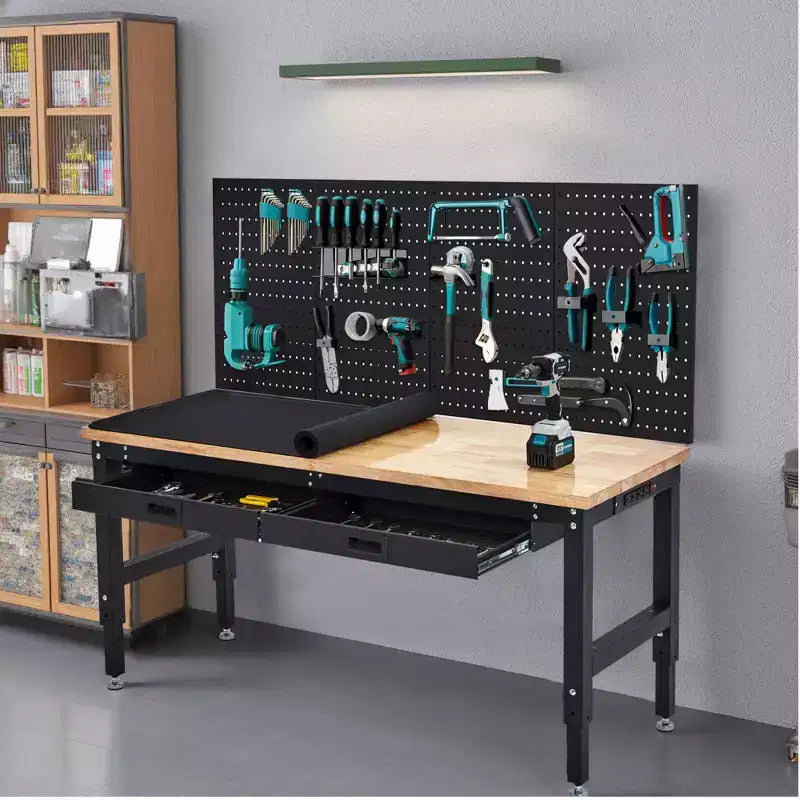 Table de travail de 152 cm pour garage, établi robuste de 900 kg avec panneau perforé et tiroirs, établi réglable en bois d'hévéa avec prises de courant
