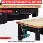 Table de travail de 152 cm pour garage, établi robuste de 900 kg avec panneau perforé et tiroirs, établi réglable en bois d'hévéa avec prises de courant