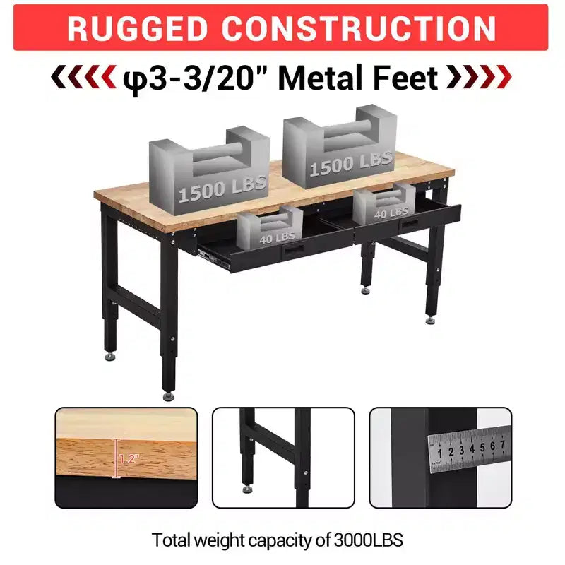 Table de travail de 152 cm pour garage, établi robuste de 900 kg avec panneau perforé et tiroirs, établi réglable en bois d'hévéa avec prises de courant