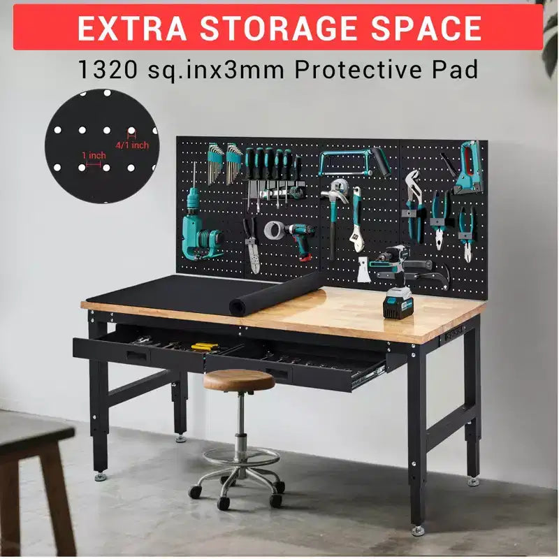 Table de travail de 152 cm pour garage, établi robuste de 900 kg avec panneau perforé et tiroirs, établi réglable en bois d'hévéa avec prises de courant